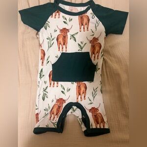 Sleepy sloths highland cow bamboo snap shortie romper
